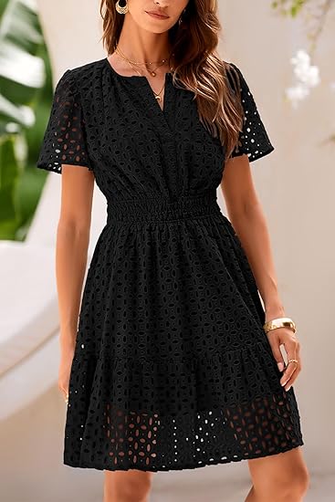 2026 Women's Summer Short Dress V Neck Short Sleeve A-Line Hollow Lace Ruffle Cute Casual Beach Party Dress