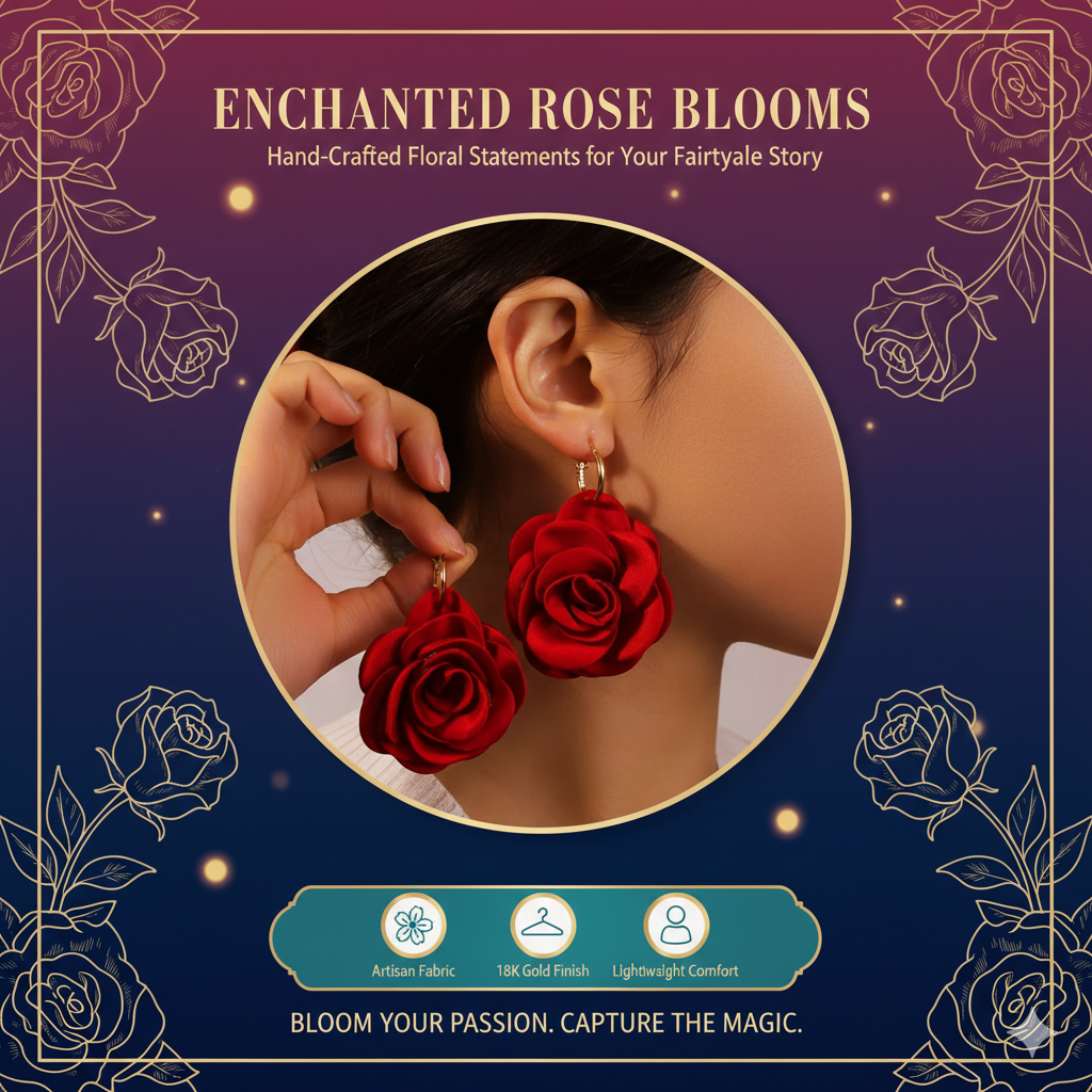 Romance Red Rose Drop Earrings - Large 3D Floral Dangle Jewelry - Elegant Nature-Inspired Rose Petal Earrings for Weddings & Parties - High-Fashion Botanical Statement