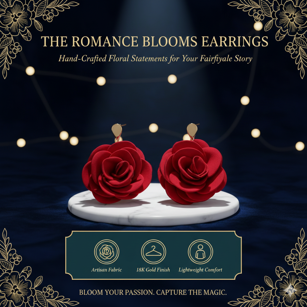 Romance Red Rose Drop Earrings - Large 3D Floral Dangle Jewelry - Elegant Nature-Inspired Rose Petal Earrings for Weddings & Parties - High-Fashion Botanical Statement