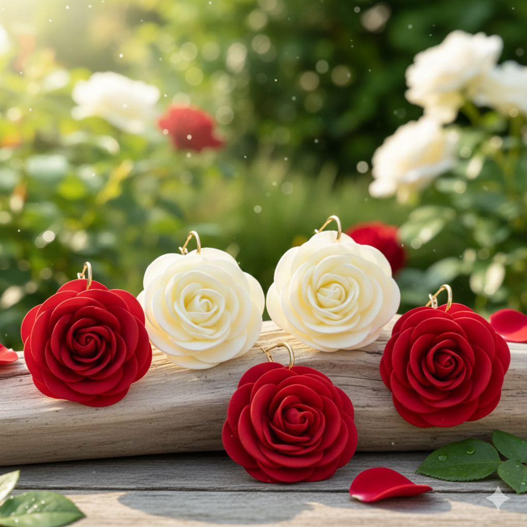 Romance Red Rose Drop Earrings - Large 3D Floral Dangle Jewelry - Elegant Nature-Inspired Rose Petal Earrings for Weddings & Parties - High-Fashion Botanical Statement