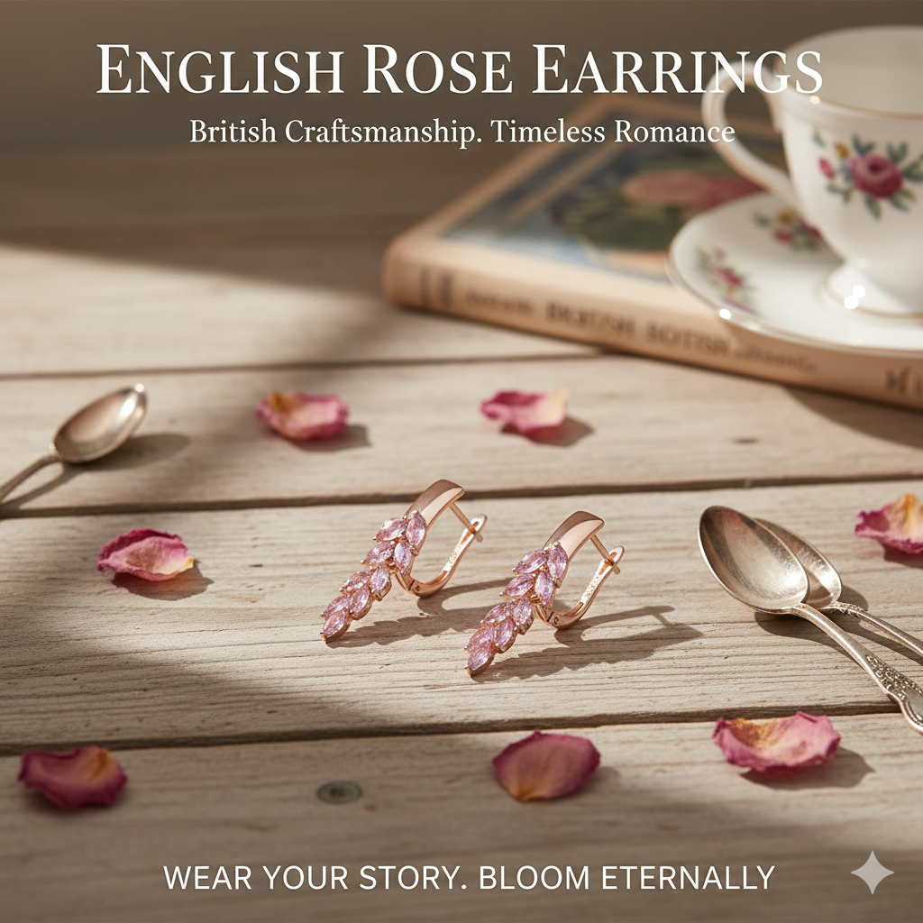 Romantic Pink Gemstone Foliage Earrings - Timeless Rose Gold Tone Leaf Dangles - Boutique Anniversary Gift for Her - Sophisticated British Style Fashion Jewelry