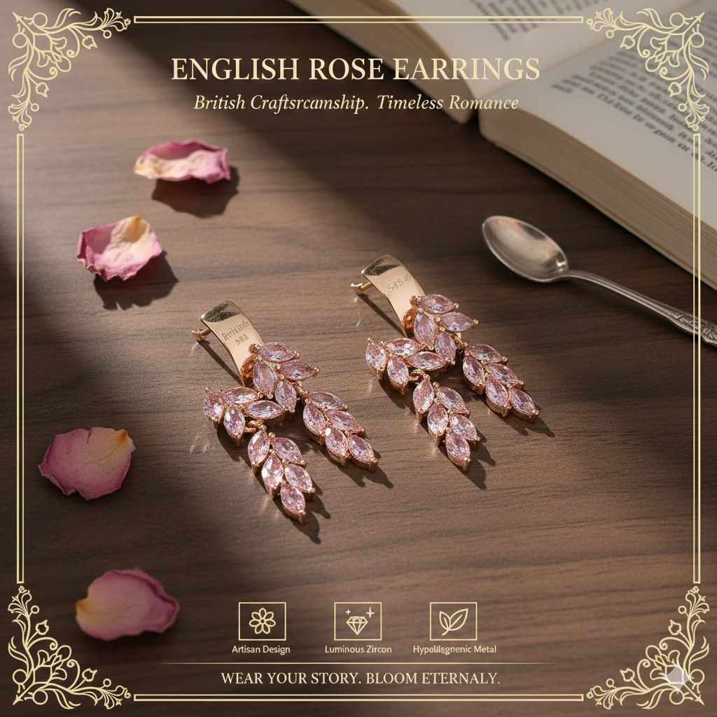 Romantic Pink Gemstone Foliage Earrings - Timeless Rose Gold Tone Leaf Dangles - Boutique Anniversary Gift for Her - Sophisticated British Style Fashion Jewelry