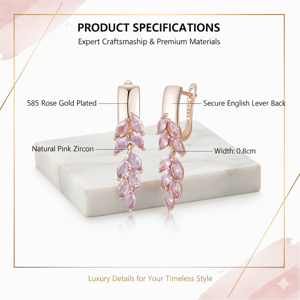 Romantic Pink Gemstone Foliage Earrings - Timeless Rose Gold Tone Leaf Dangles - Boutique Anniversary Gift for Her - Sophisticated British Style Fashion Jewelry