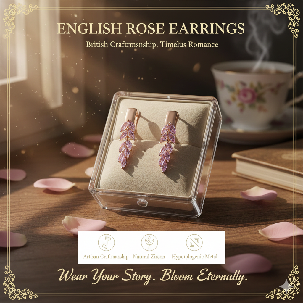 Romantic Pink Gemstone Foliage Earrings - Timeless Rose Gold Tone Leaf Dangles - Boutique Anniversary Gift for Her - Sophisticated British Style Fashion Jewelry