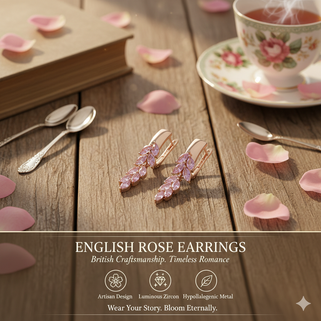 Romantic Pink Gemstone Foliage Earrings - Timeless Rose Gold Tone Leaf Dangles - Boutique Anniversary Gift for Her - Sophisticated British Style Fashion Jewelry