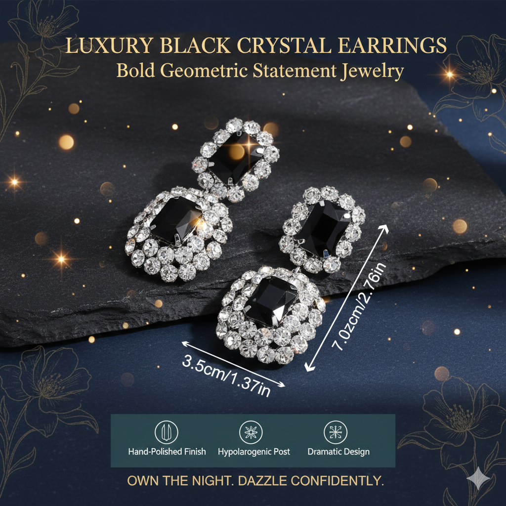 Vintage-Inspired Black Glass Drill Earrings | Oversized Geometric Square Dangles | Glamorous Rhinestone Statement Jewelry | Midnight Black Crystal Ear Piercing | Gift for Her